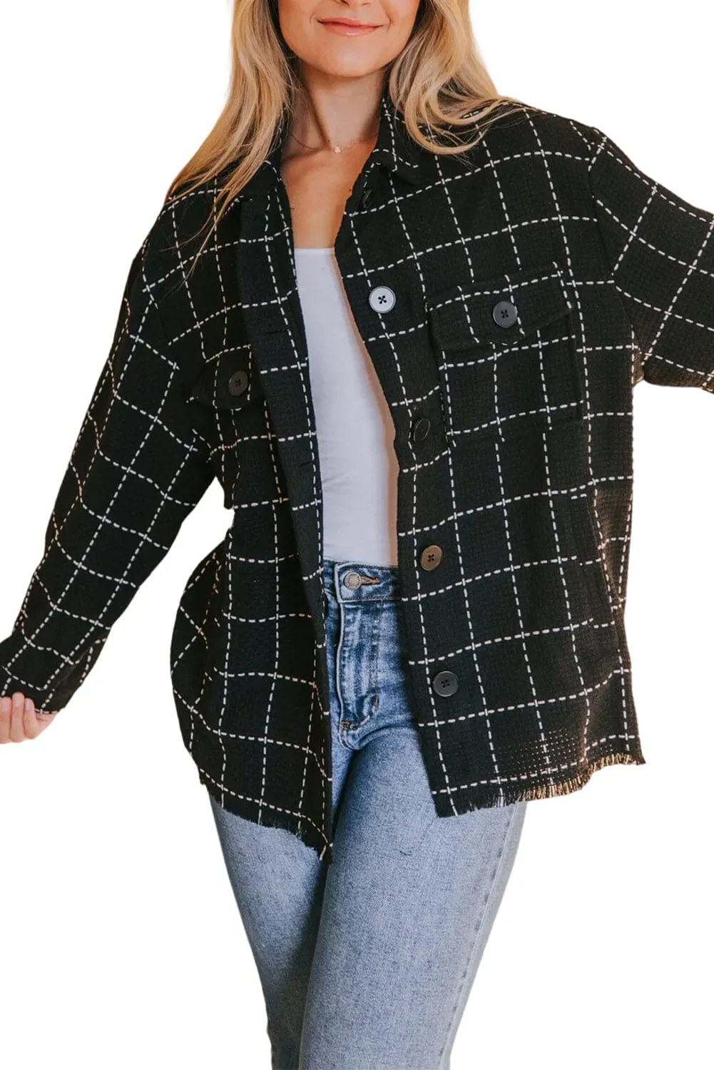 KaleaBoutique Contrast Lattice Textured Buttons Flap Pocket Shacket