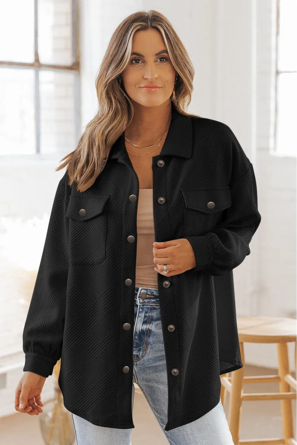 KaleaBoutique Solid Textured Flap Pocket Buttoned Shacket
