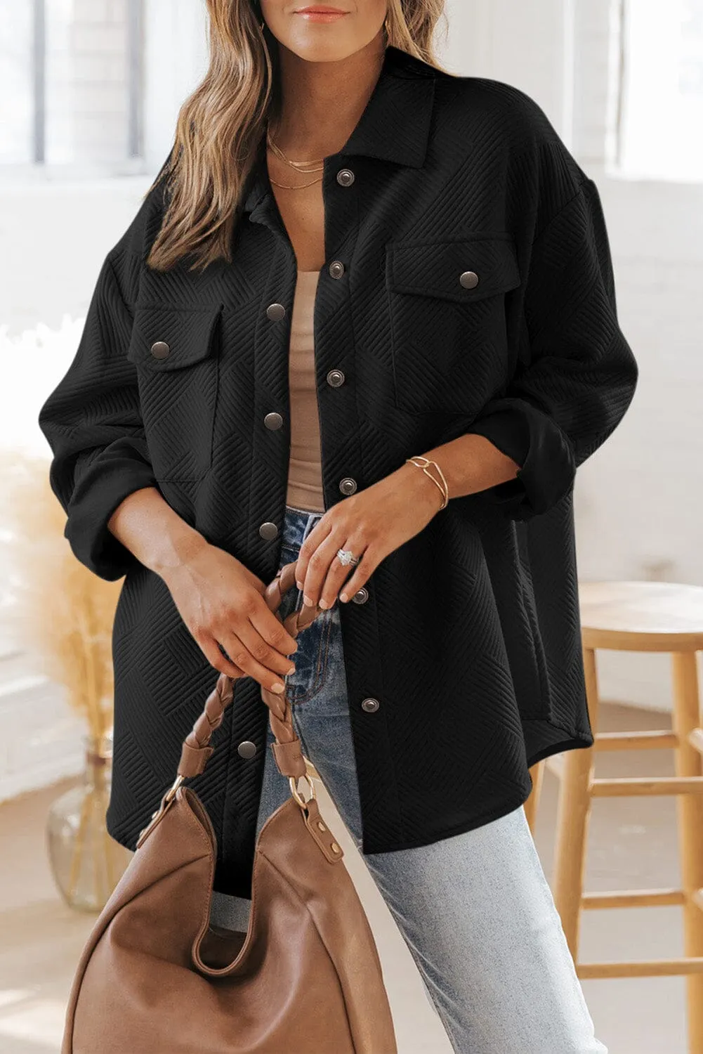 KaleaBoutique Solid Textured Flap Pocket Buttoned Shacket