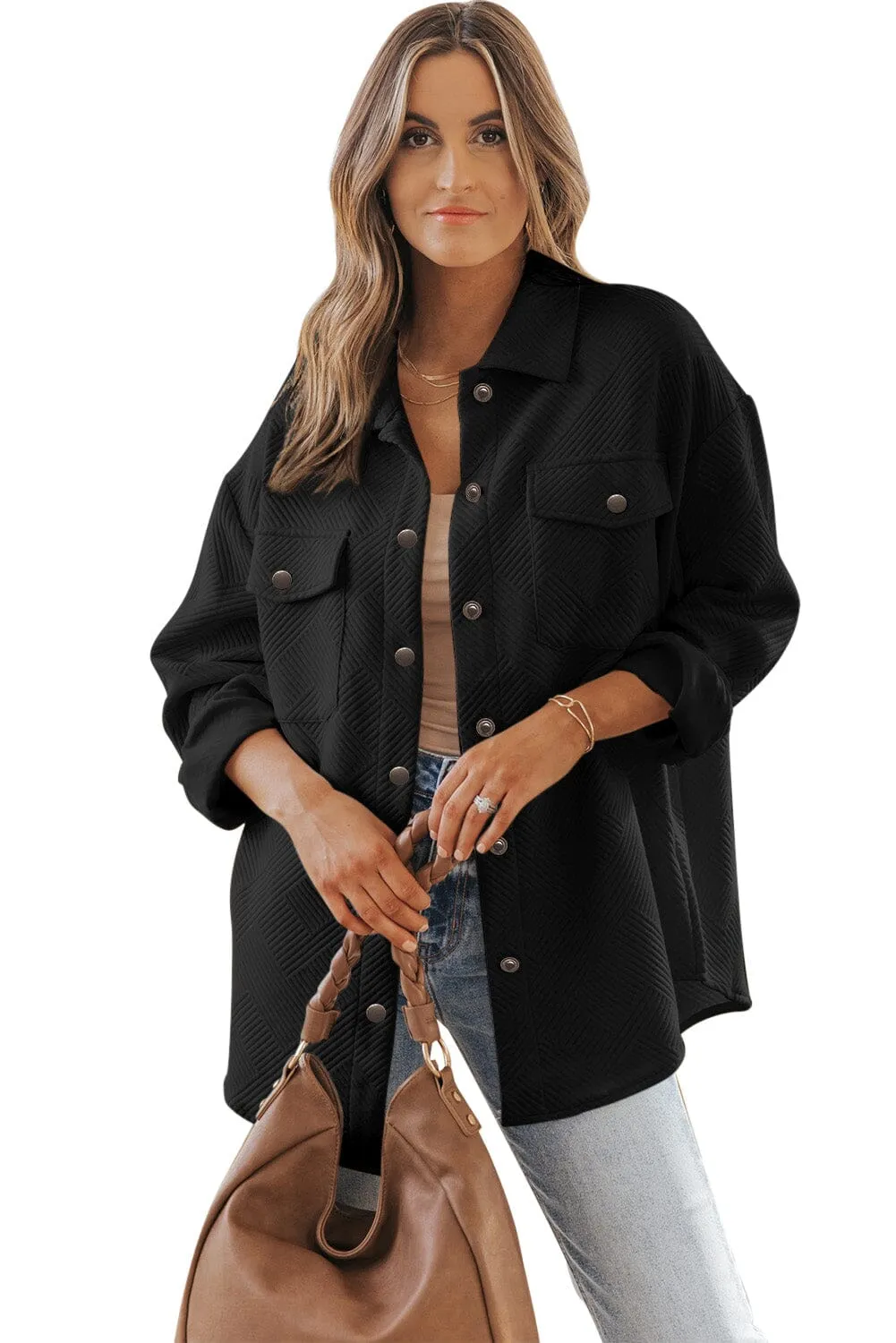 KaleaBoutique Solid Textured Flap Pocket Buttoned Shacket