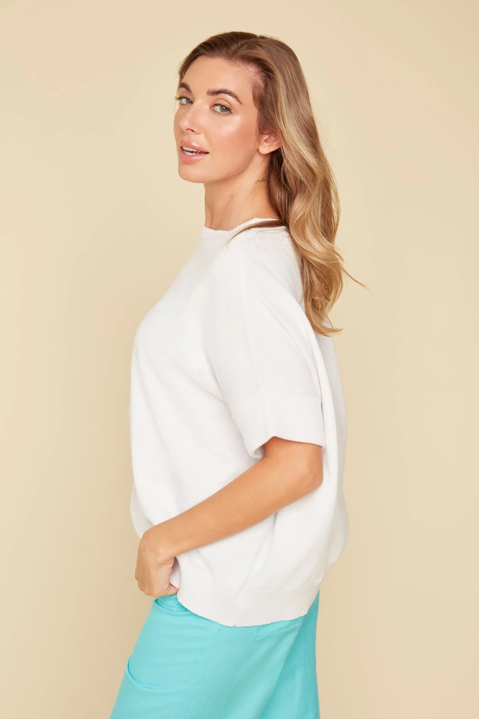Knit Short Sleeve Sweater in White by Renuar