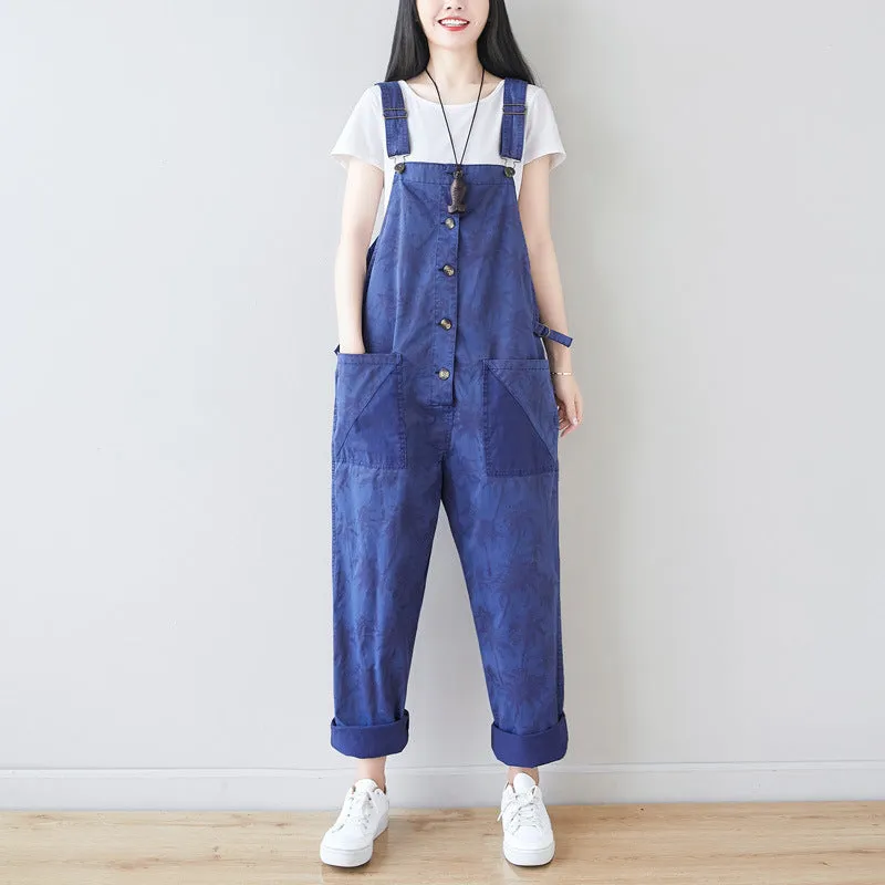 Korean Style Fashion Coconut Tree Bib Pants Plus Size Casual Pants Loose Print Three-Color In