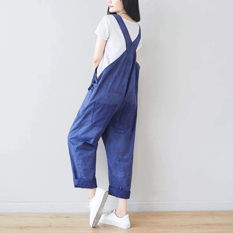 Korean Style Fashion Coconut Tree Bib Pants Plus Size Casual Pants Loose Print Three-Color In