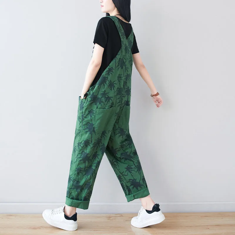 Korean Style Fashion Coconut Tree Bib Pants Plus Size Casual Pants Loose Print Three-Color In
