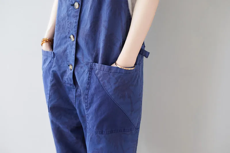 Korean Style Fashion Coconut Tree Bib Pants Plus Size Casual Pants Loose Print Three-Color In