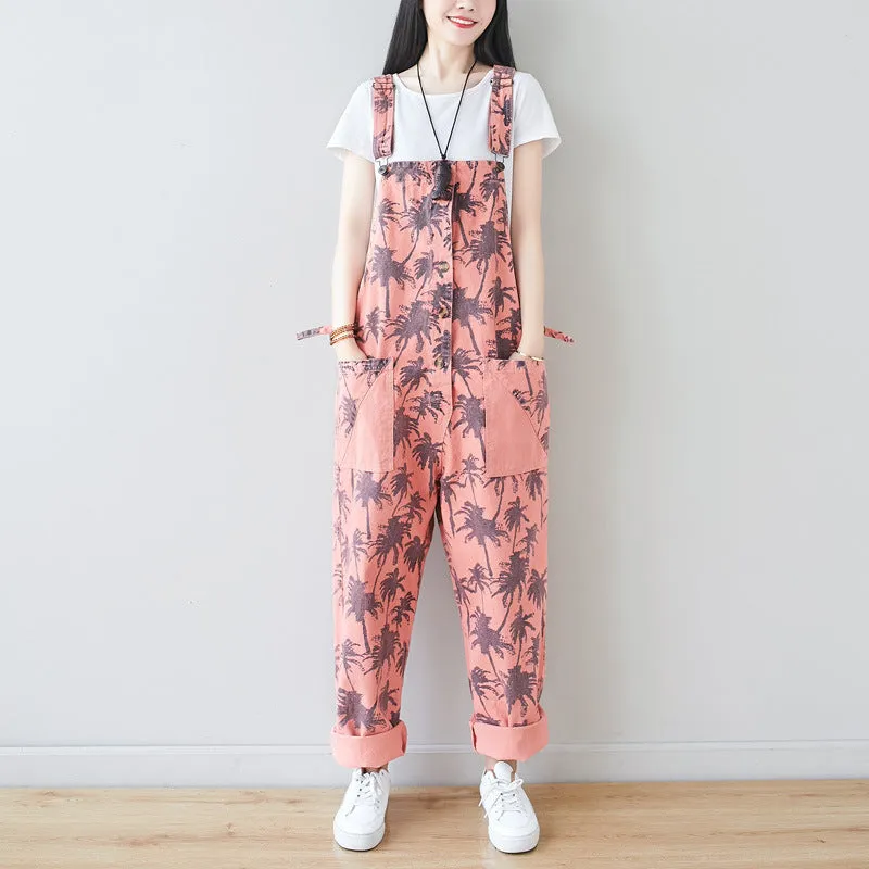 Korean Style Fashion Coconut Tree Bib Pants Plus Size Casual Pants Loose Print Three-Color In