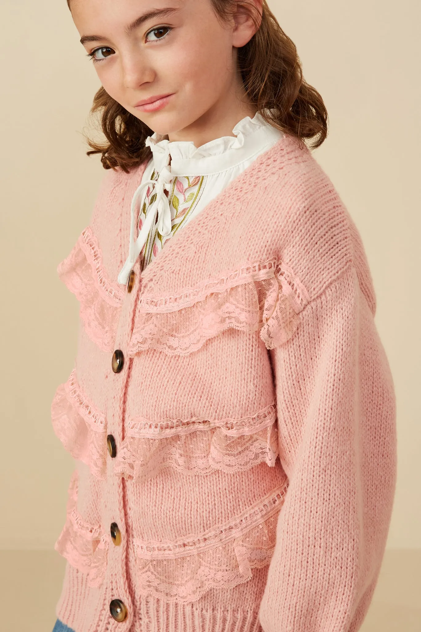 Lace Frilled Buttoned Sweater Cardigan