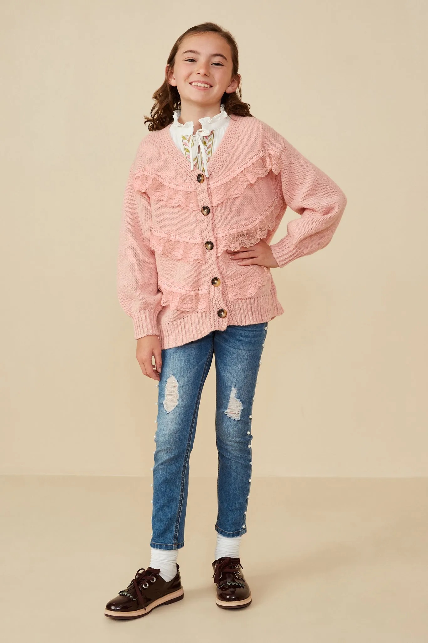Lace Frilled Buttoned Sweater Cardigan