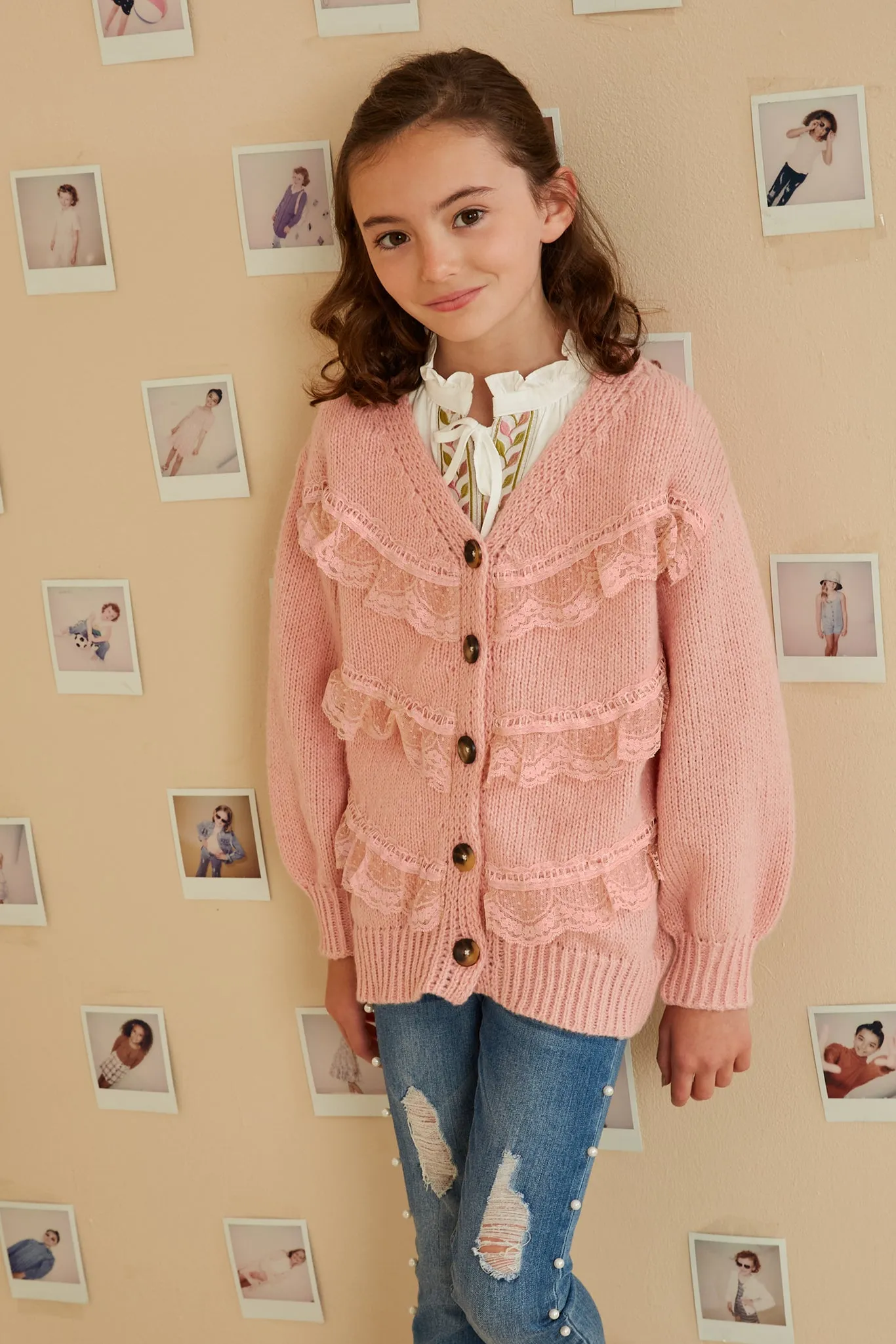 Lace Frilled Buttoned Sweater Cardigan