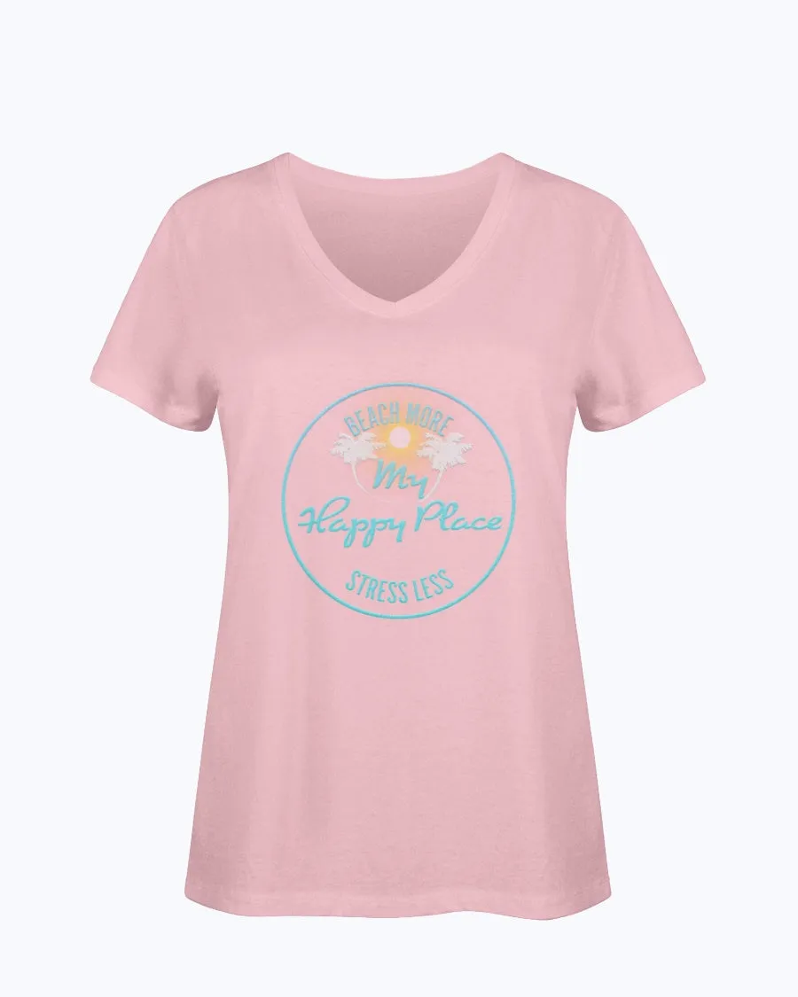 Ladies Beach More Stress Less Happy Place SoftSpun Cotton V-Neck T-Shirt