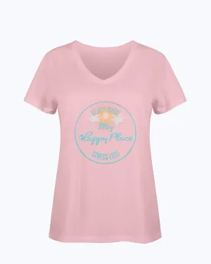 Ladies Beach More Stress Less Happy Place SoftSpun Cotton V-Neck T-Shirt