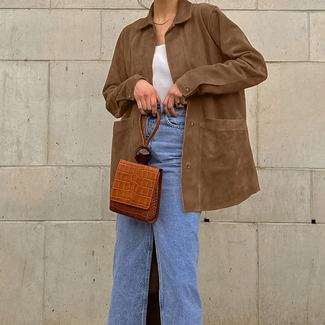 Ladies Oversized Casual Brown Suede Collar Jacket