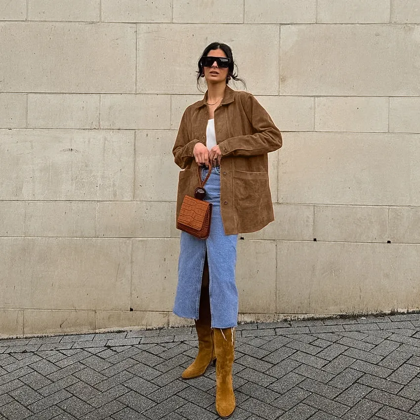 Ladies Oversized Casual Brown Suede Collar Jacket