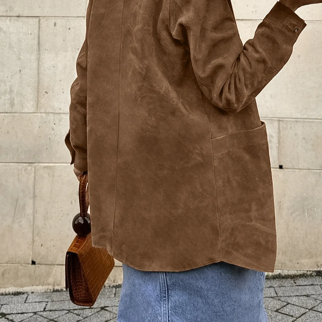 Ladies Oversized Casual Brown Suede Collar Jacket