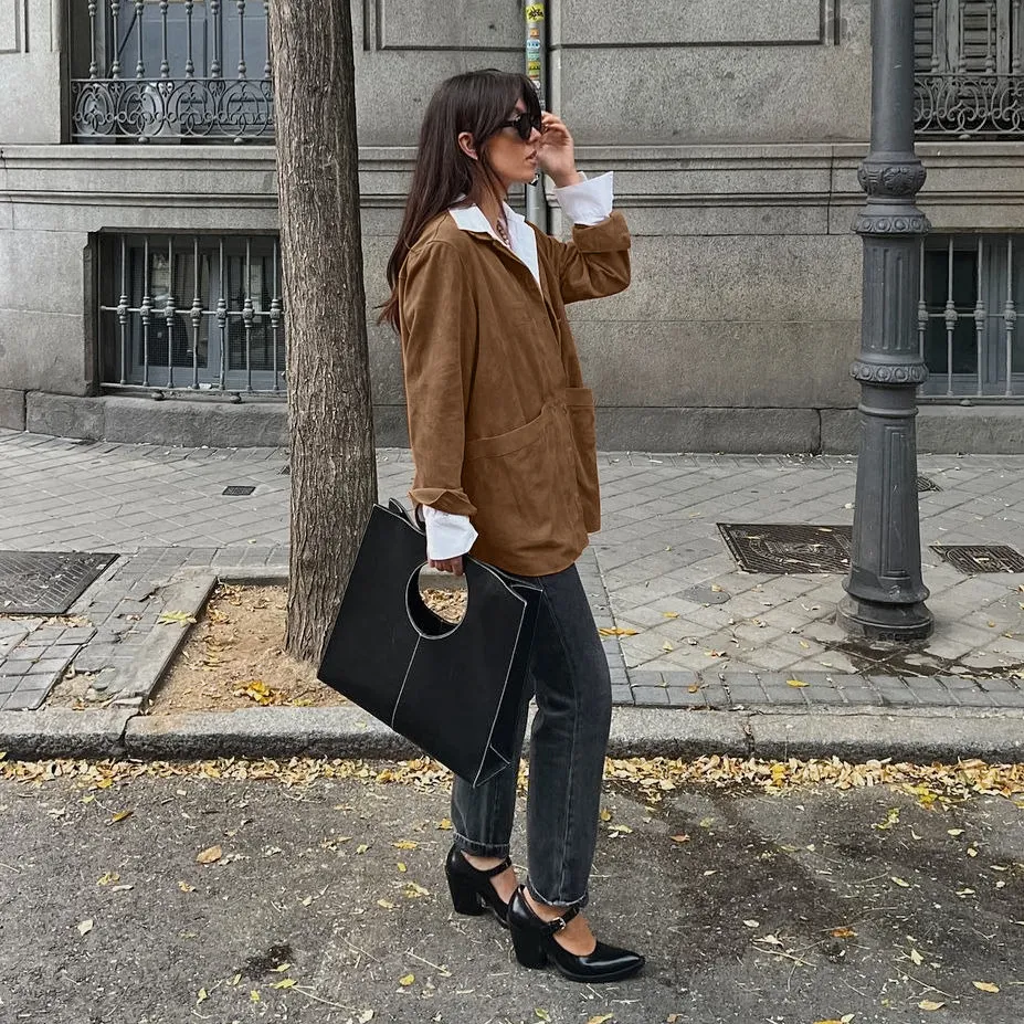 Ladies Oversized Casual Brown Suede Collar Jacket