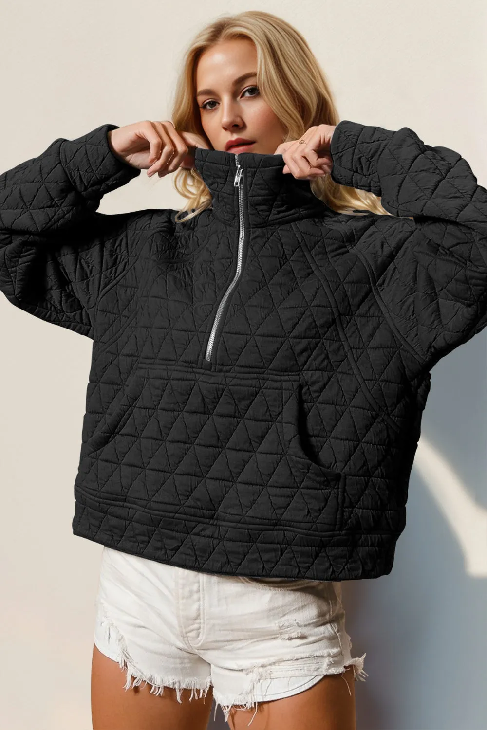 Lara Half Zip Long Sleeve Quilted Sweatshirt with Pocket