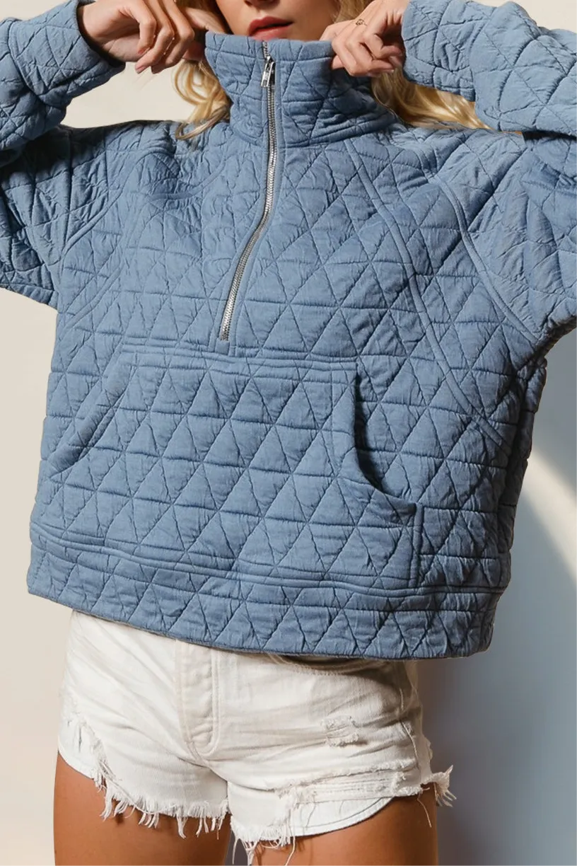 Lara Half Zip Long Sleeve Quilted Sweatshirt with Pocket