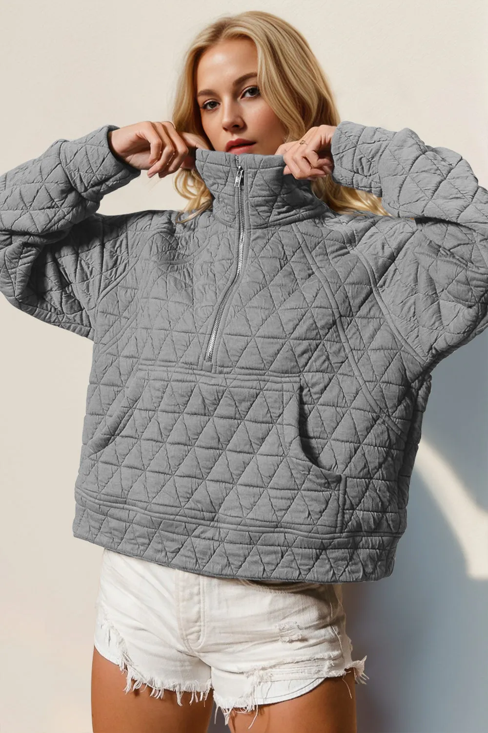 Lara Half Zip Long Sleeve Quilted Sweatshirt with Pocket