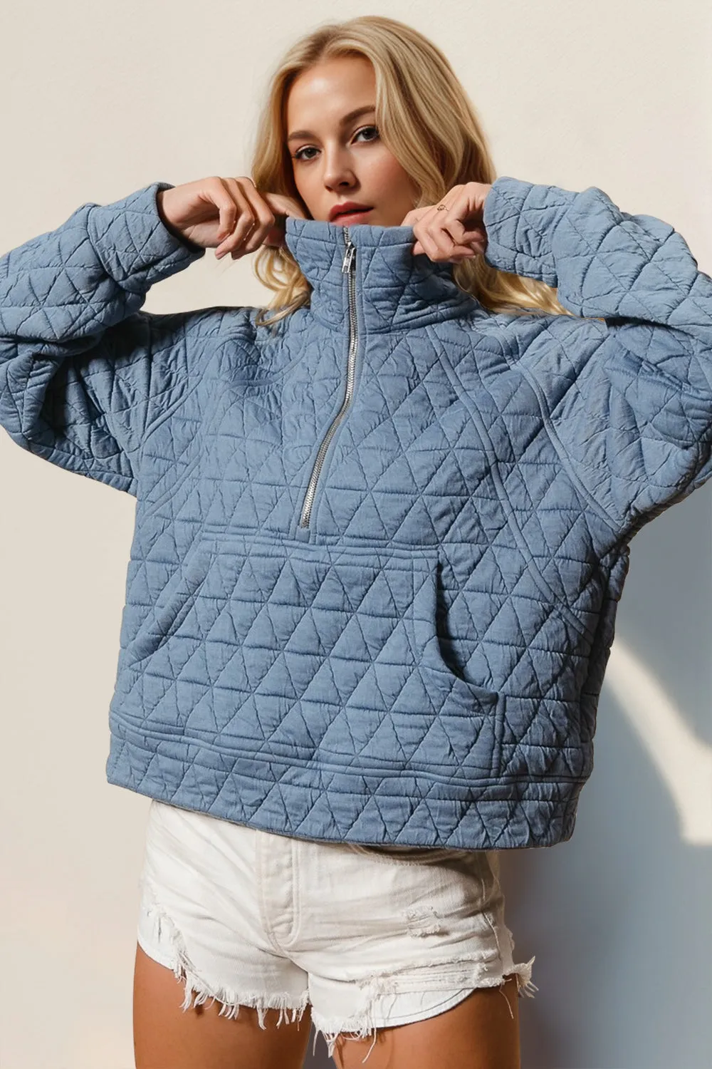 Lara Half Zip Long Sleeve Quilted Sweatshirt with Pocket