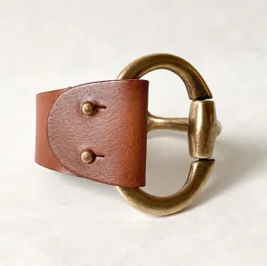 Large Antique Brass Snaffle Bit Bracelet with Brown Leather Cuff