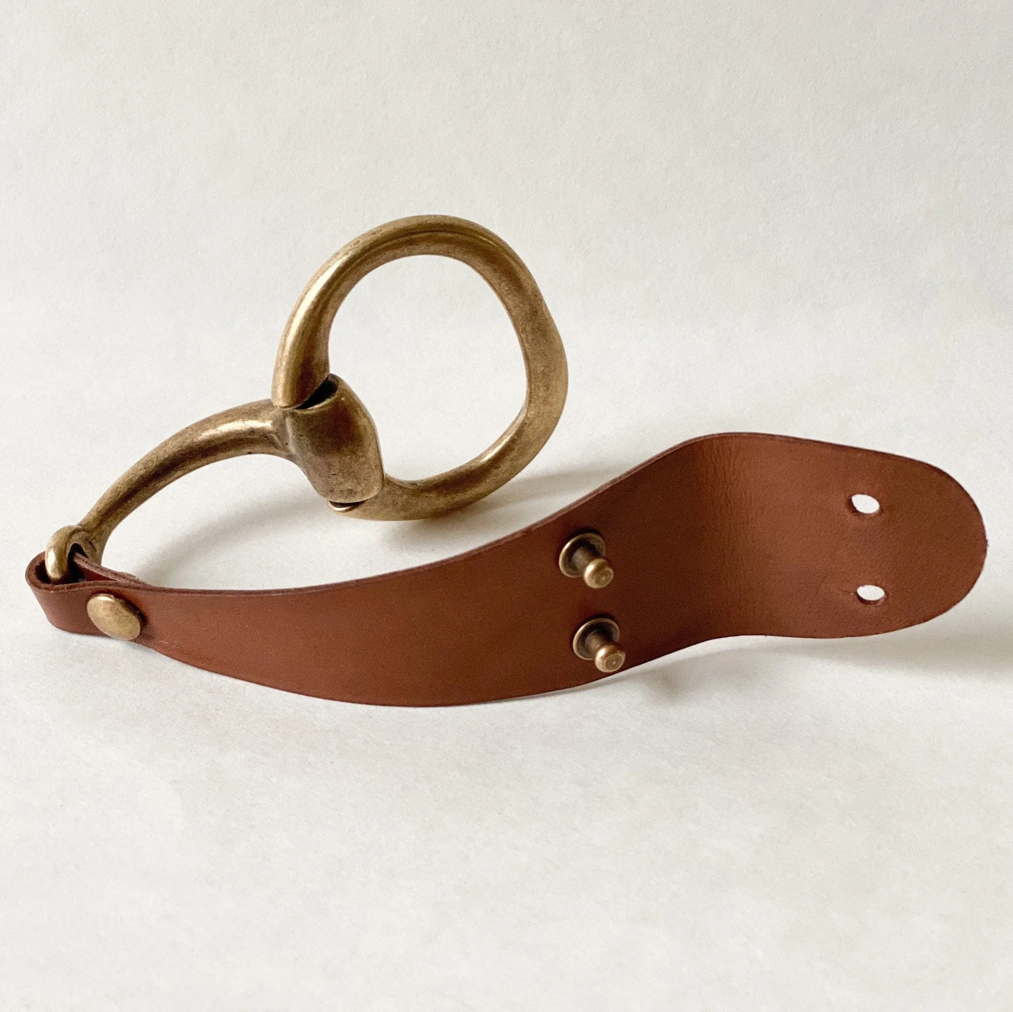 Large Antique Brass Snaffle Bit Bracelet with Brown Leather Cuff