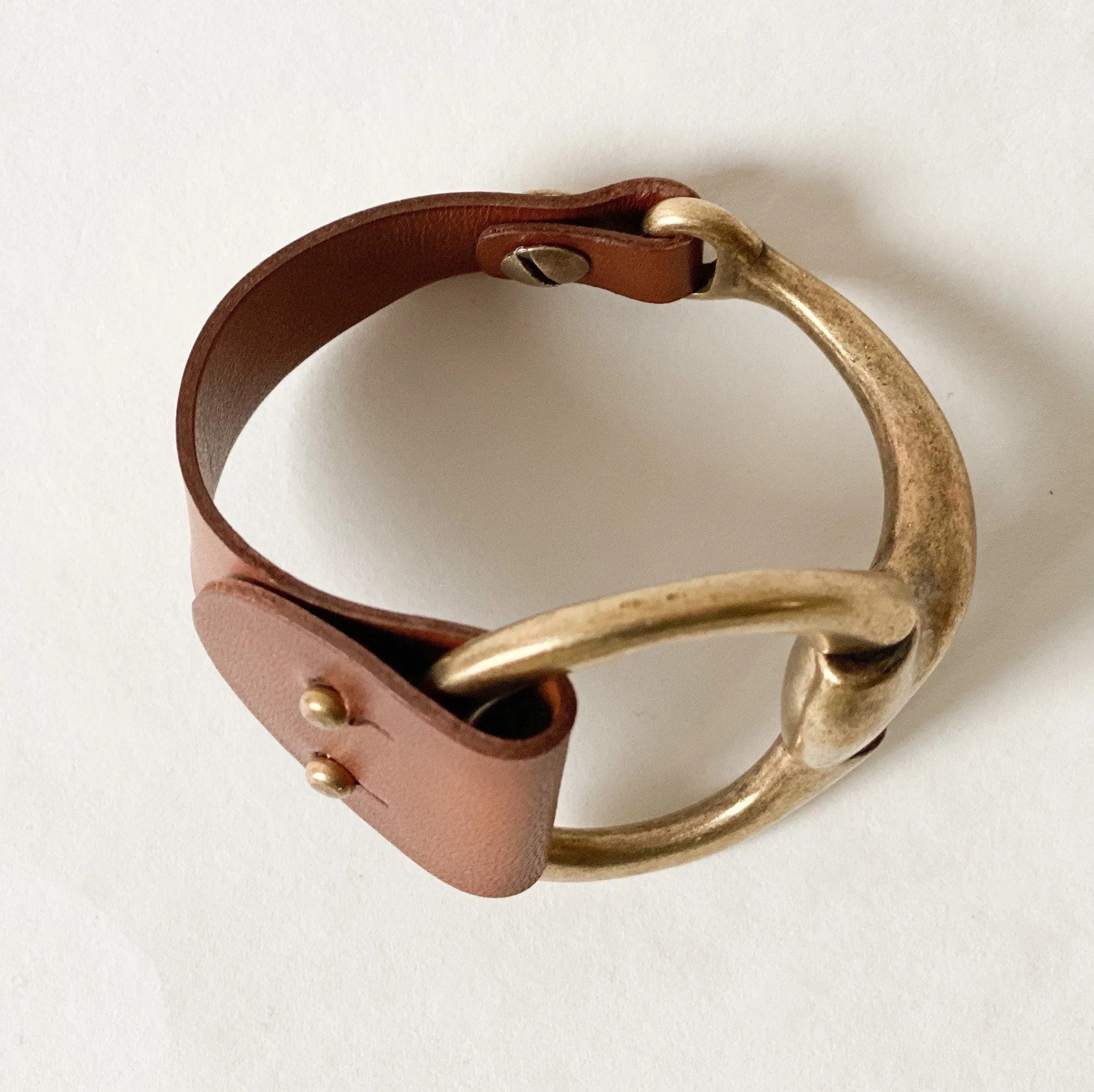 Large Antique Brass Snaffle Bit Bracelet with Brown Leather Cuff