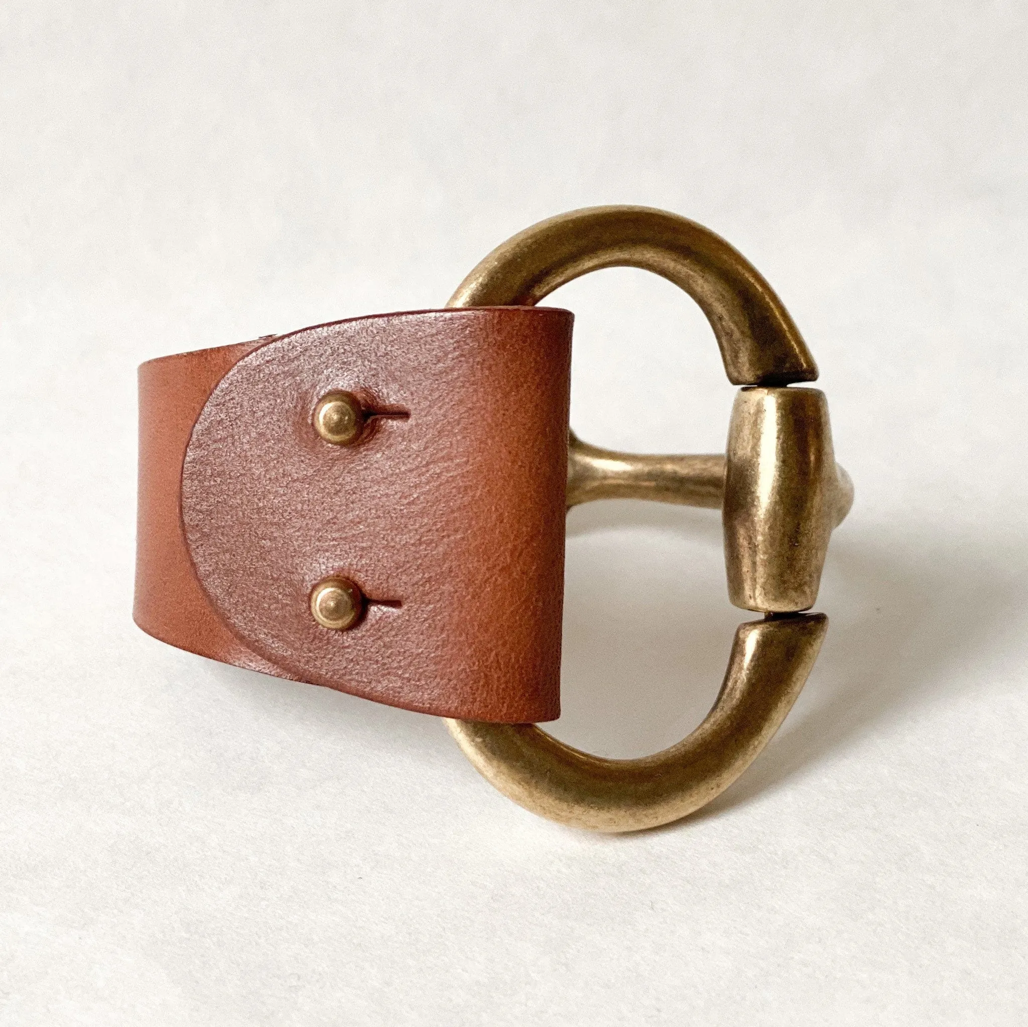 Large Antique Brass Snaffle Bit Bracelet with Brown Leather Cuff