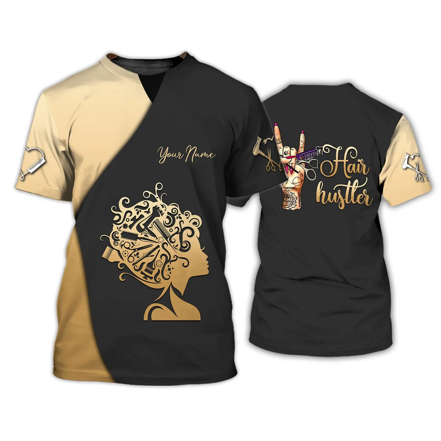 Latest Hair Hustler Pesonalized 3D Shirt Hair Cut Shop Uniform Hairdresser Pattern T-Shirt [Non Workwear]