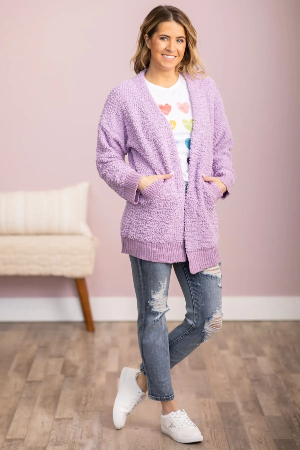Lavender Rib Trim Mid Length Cardigan