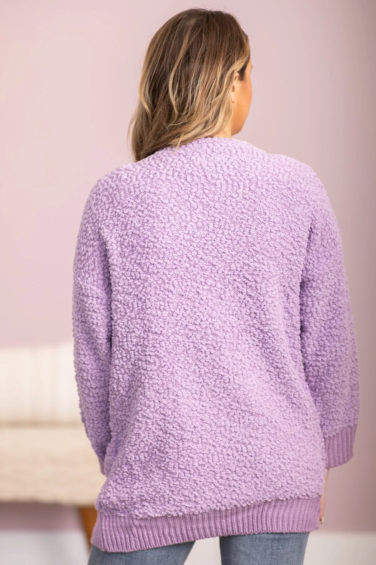 Lavender Rib Trim Mid Length Cardigan