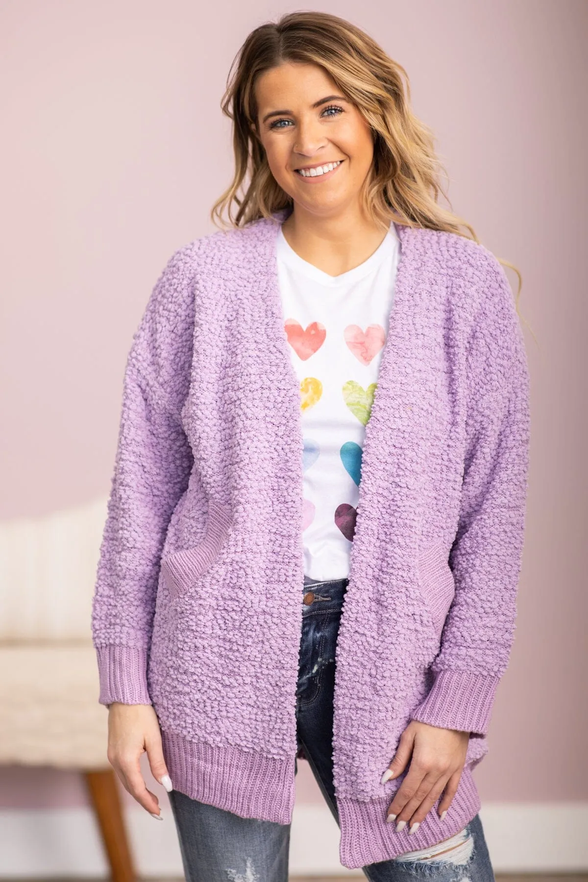 Lavender Rib Trim Mid Length Cardigan