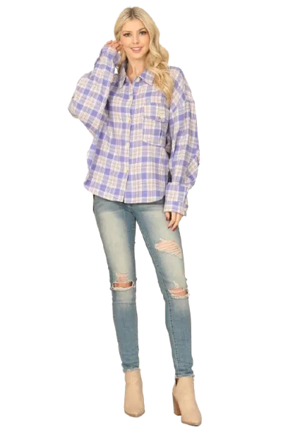 Lavender Seamless Plaid Long Sleeve Button Down Pocket Patch Curve Hem Top - Pack of 6