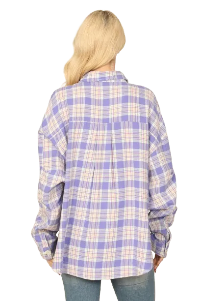 Lavender Seamless Plaid Long Sleeve Button Down Pocket Patch Curve Hem Top - Pack of 6