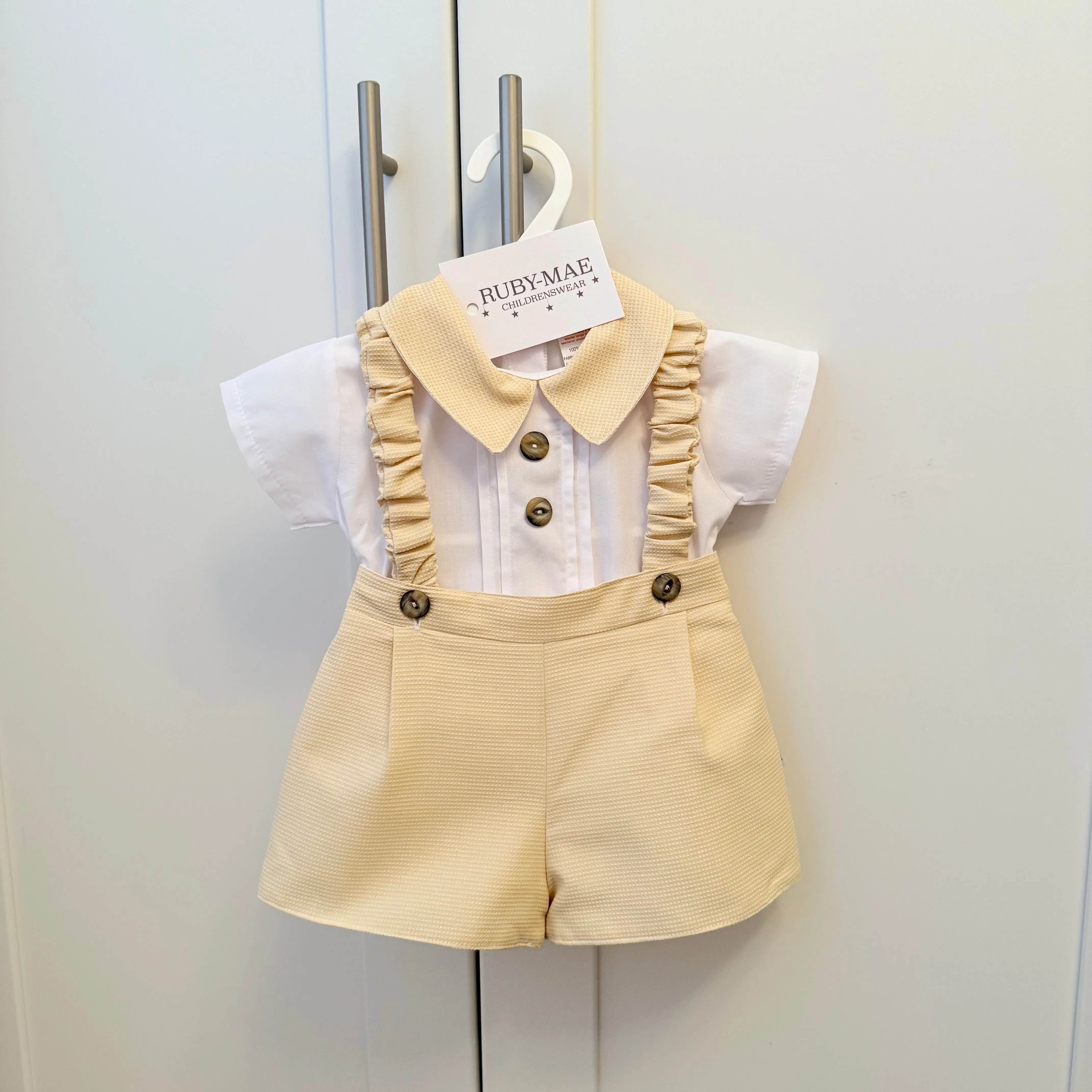 Lemon Dungaree Shorts With Matching White Shirt - Thomas