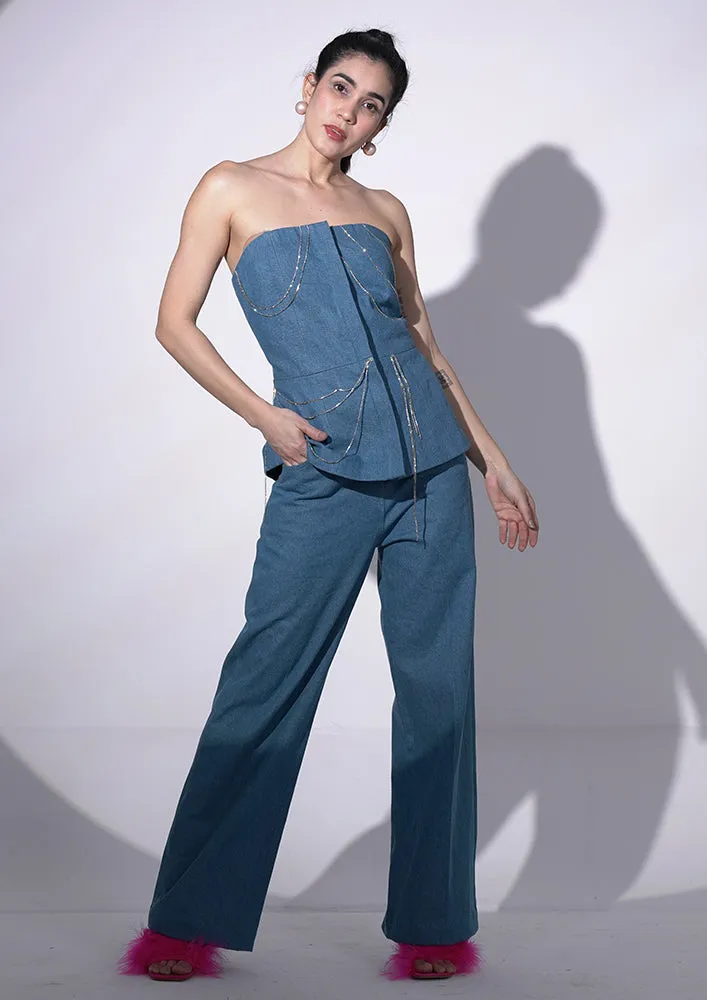 Light blue denim tube Top with Jeans