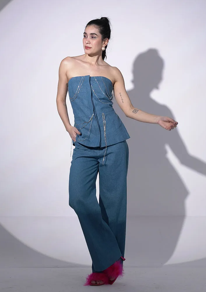 Light blue denim tube Top with Jeans
