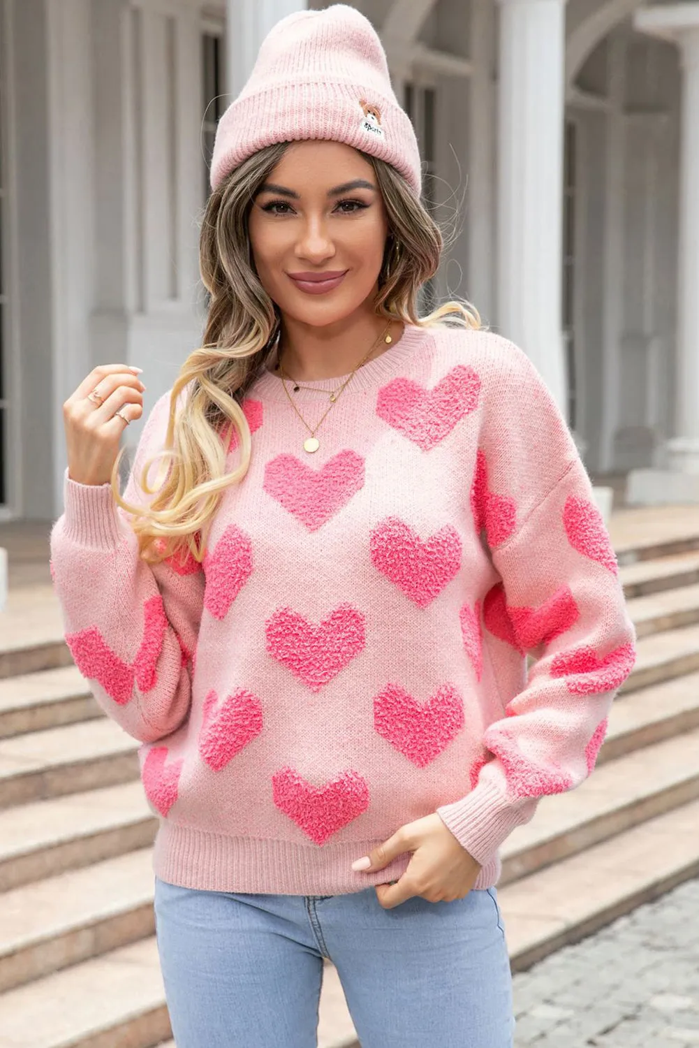 Light Pink Valentines Day Heart Knit Sweater