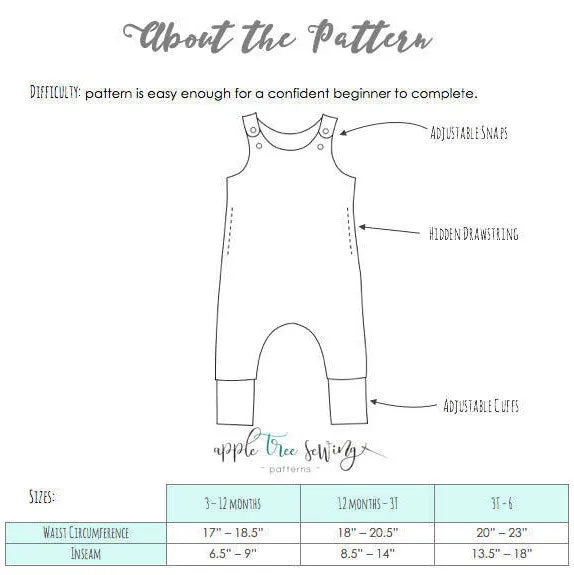 Little Kids On The Grow Romper Snap on, Sleeveless, Romper- PDF Apple Tree Sewing Pattern