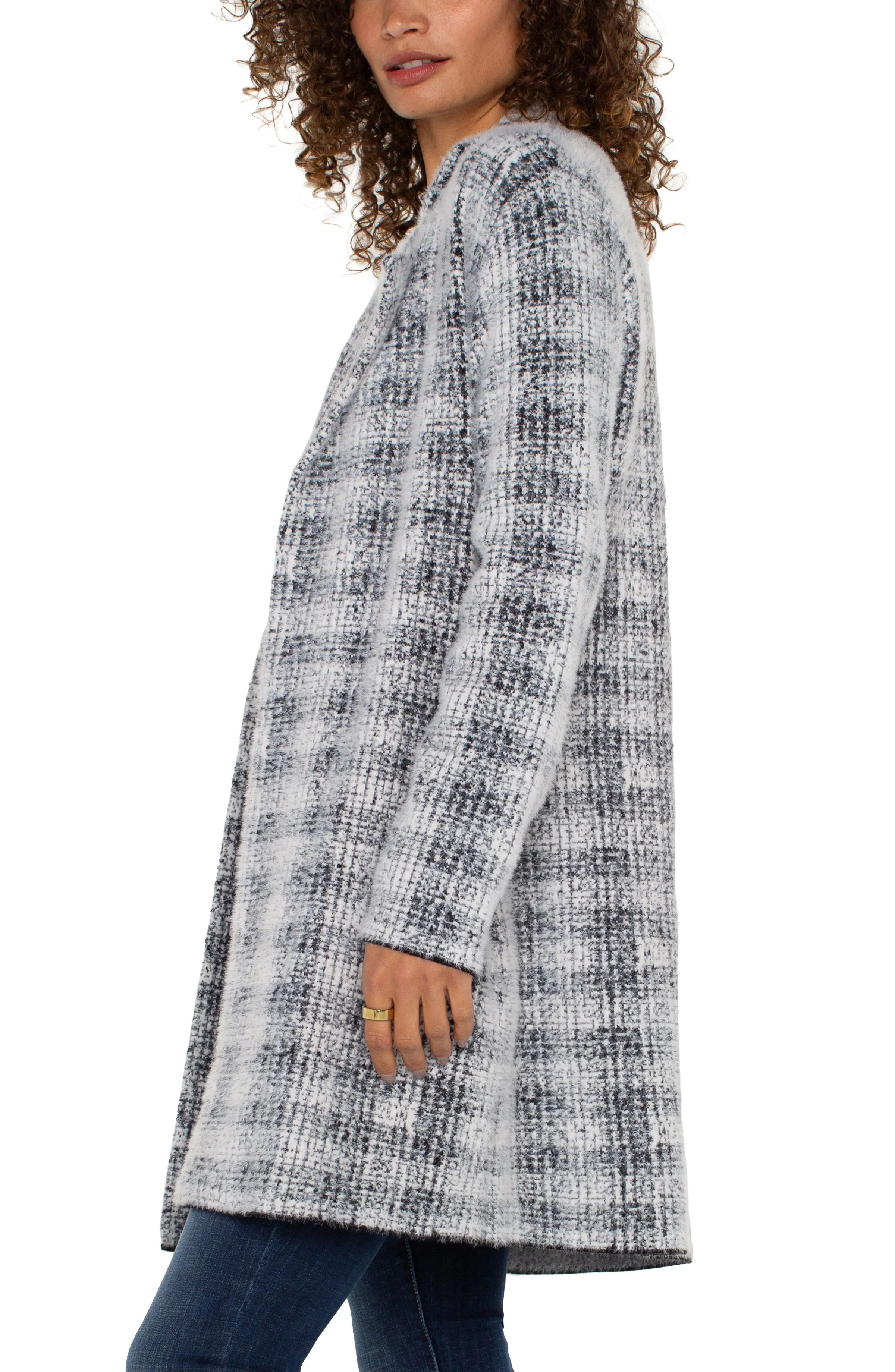 Liverpool Grey White Plaid Open Front Coatigan Sweater