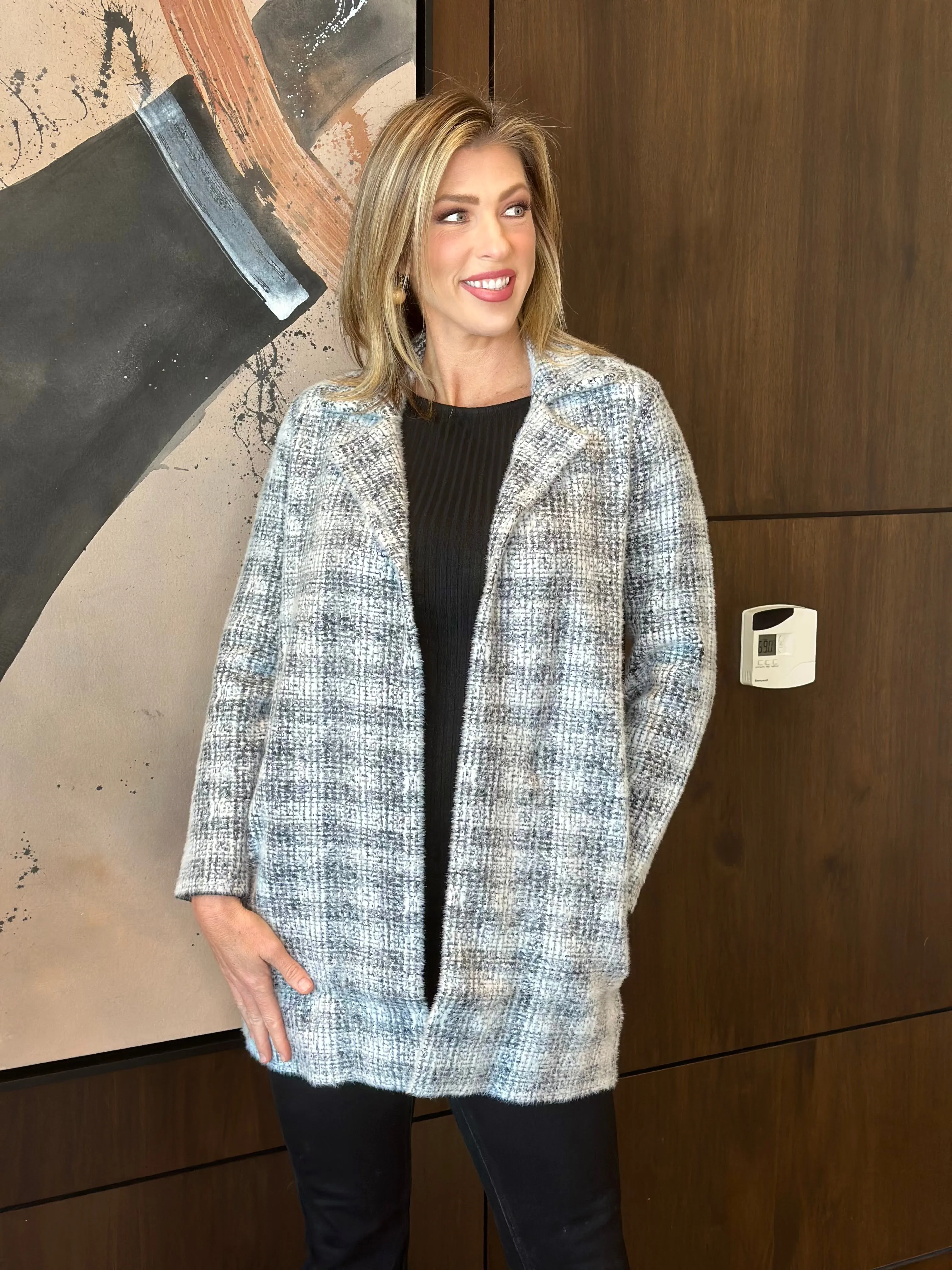 Liverpool Grey White Plaid Open Front Coatigan Sweater