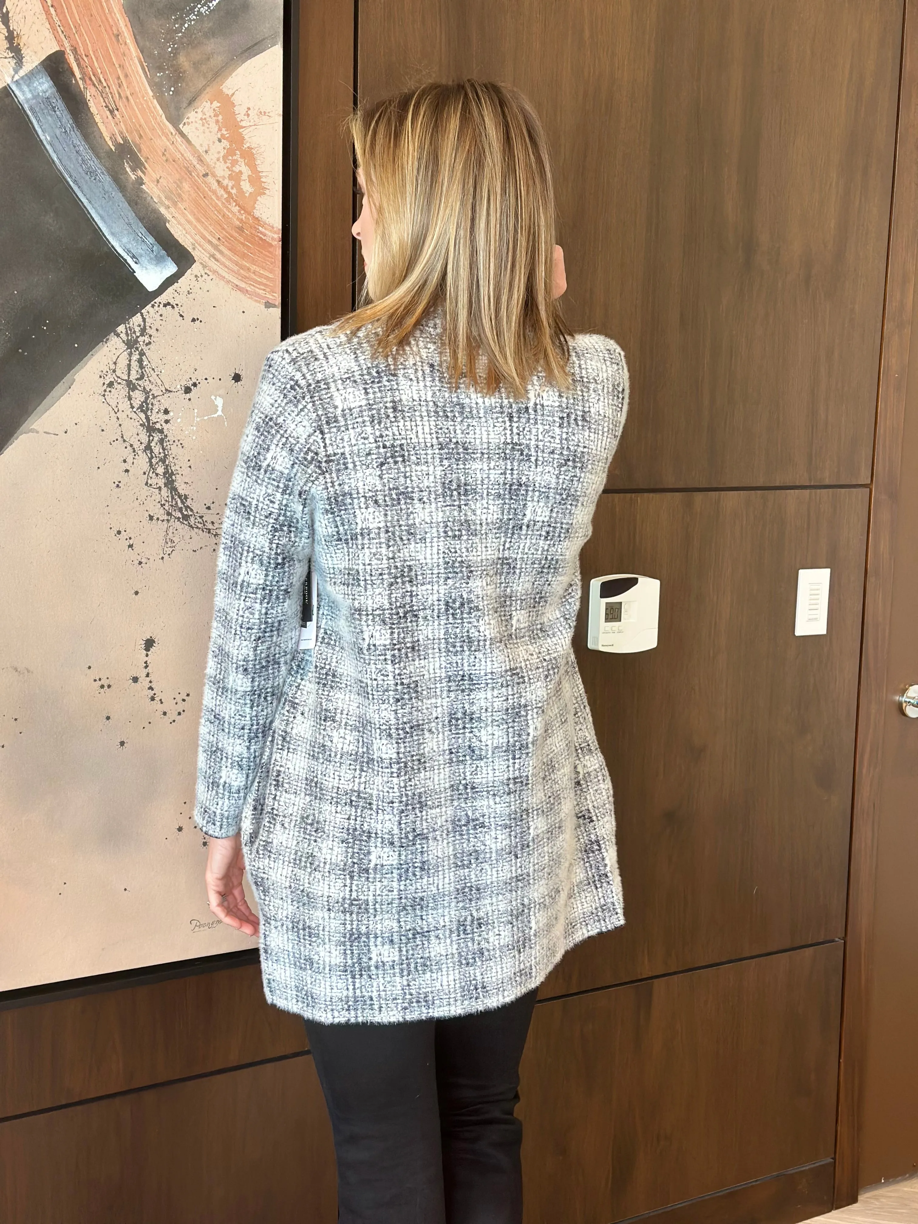Liverpool Grey White Plaid Open Front Coatigan Sweater
