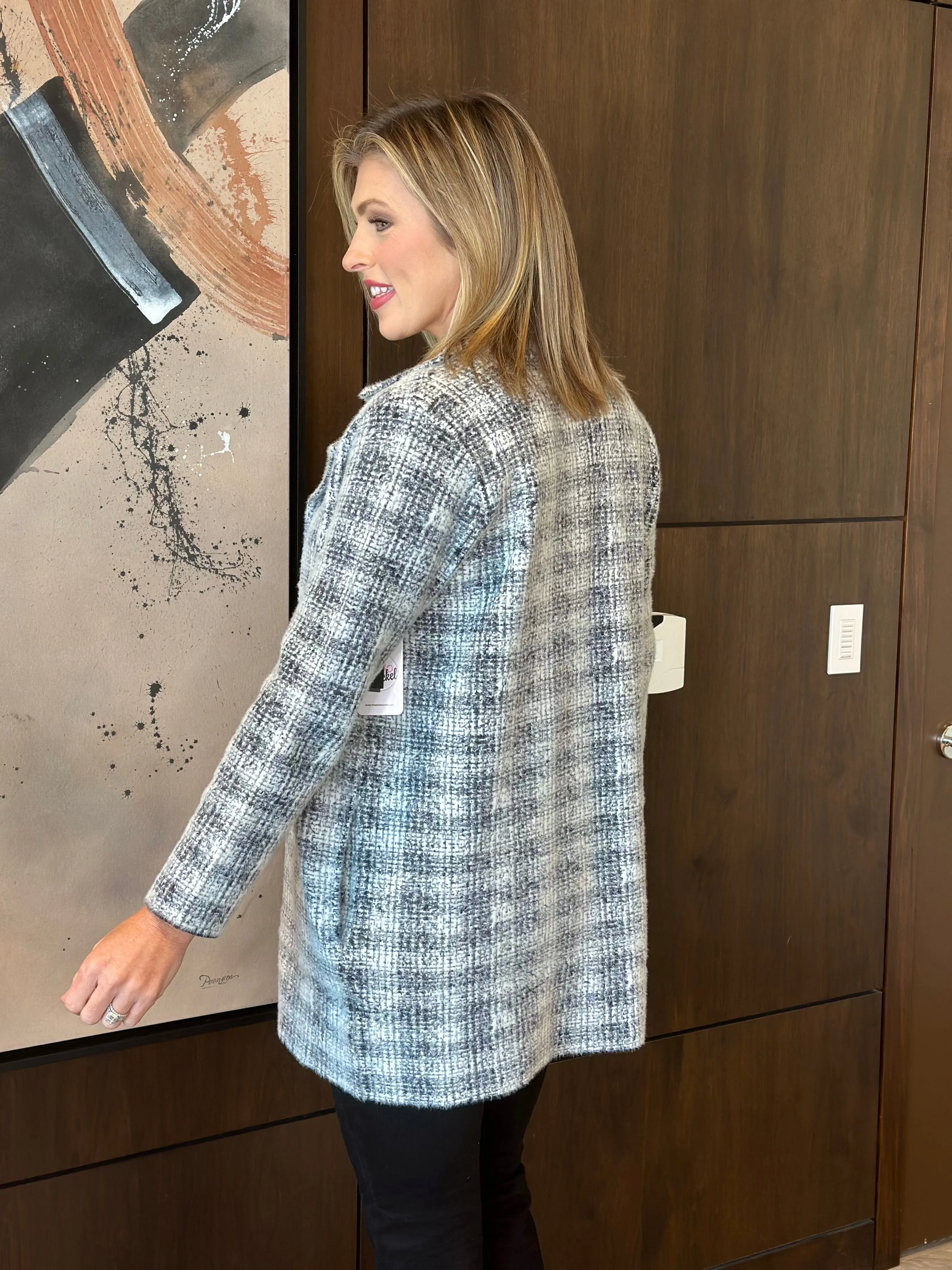 Liverpool Grey White Plaid Open Front Coatigan Sweater