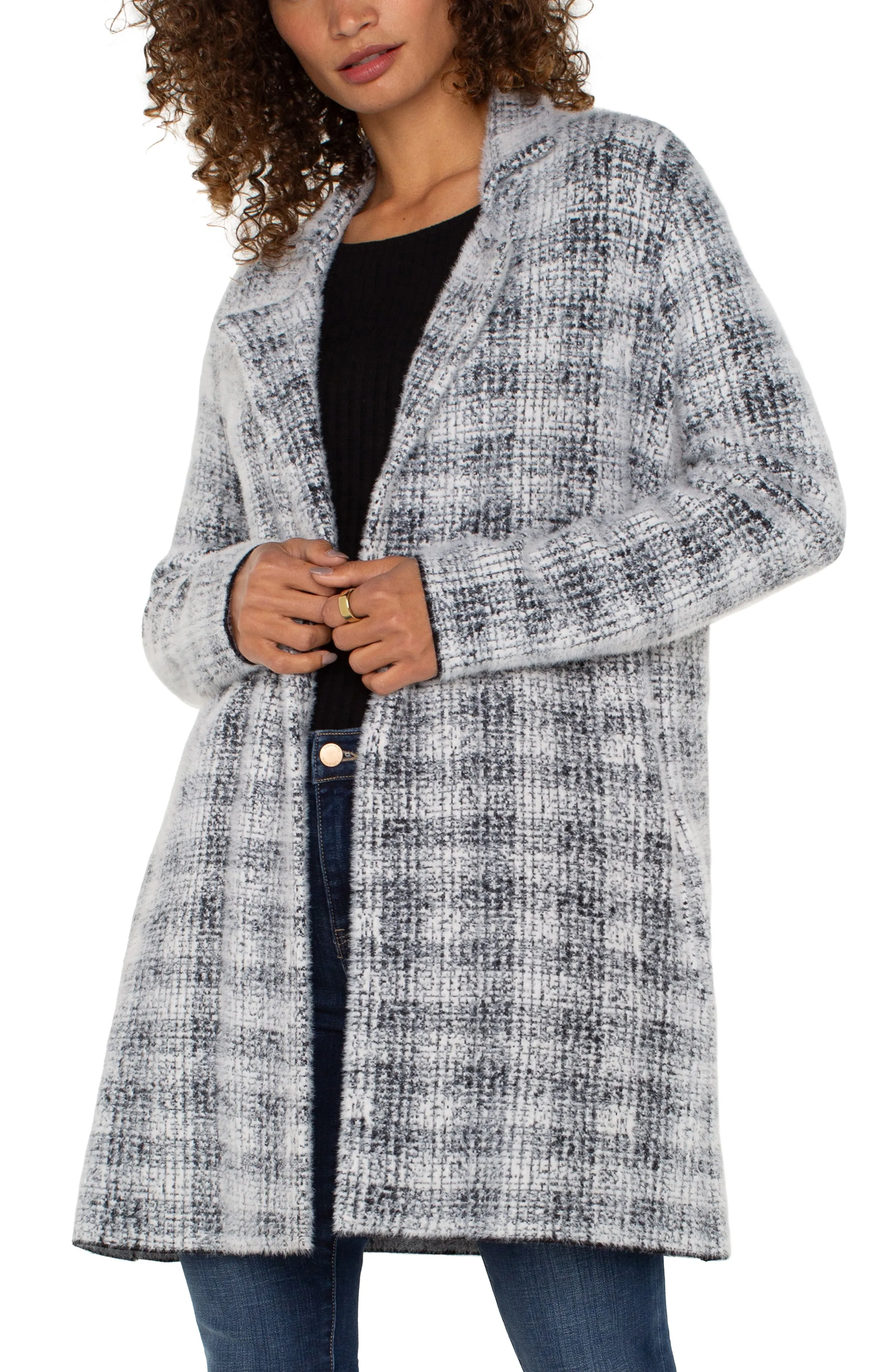 Liverpool Grey White Plaid Open Front Coatigan Sweater