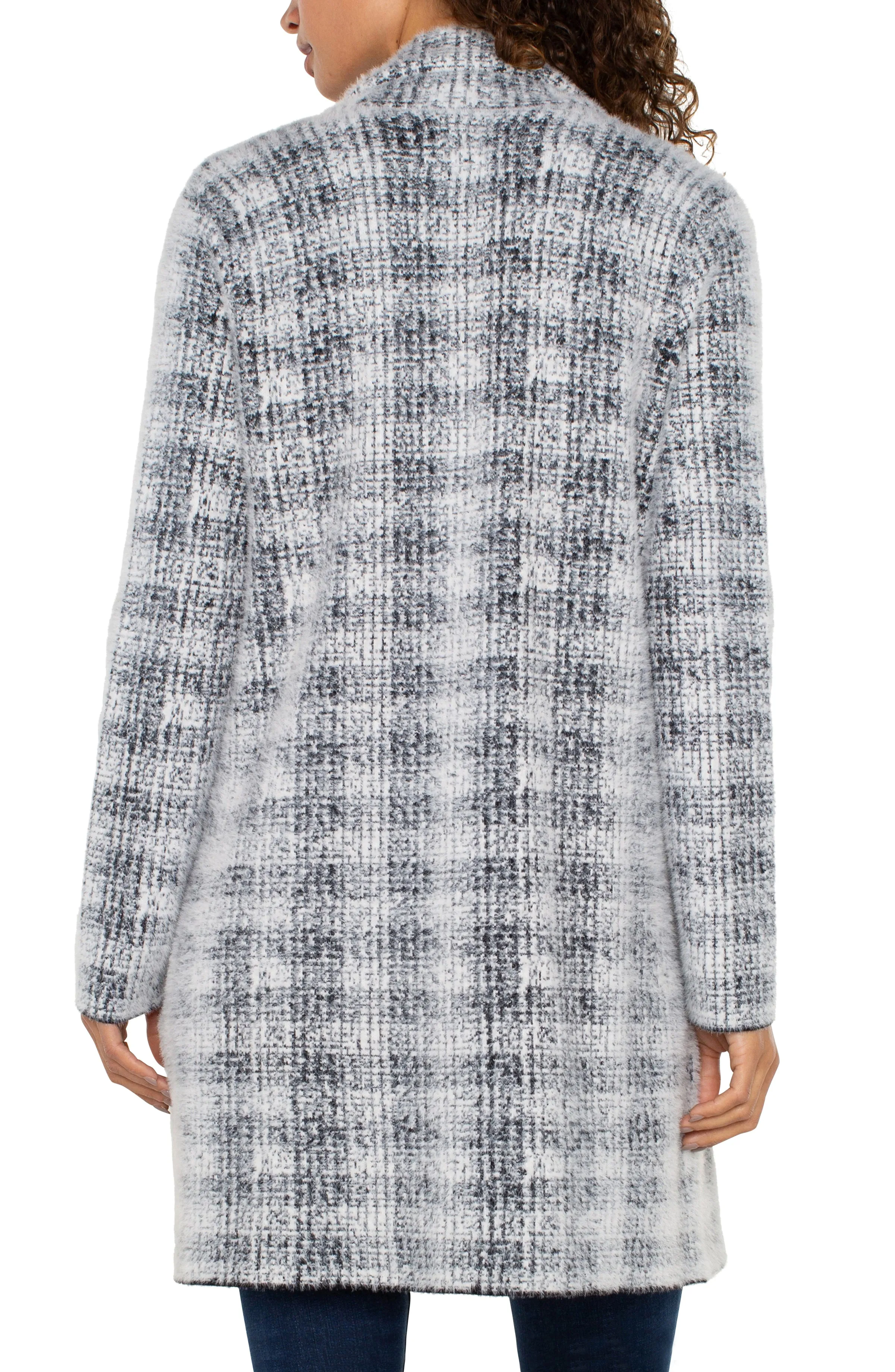 Liverpool Grey White Plaid Open Front Coatigan Sweater