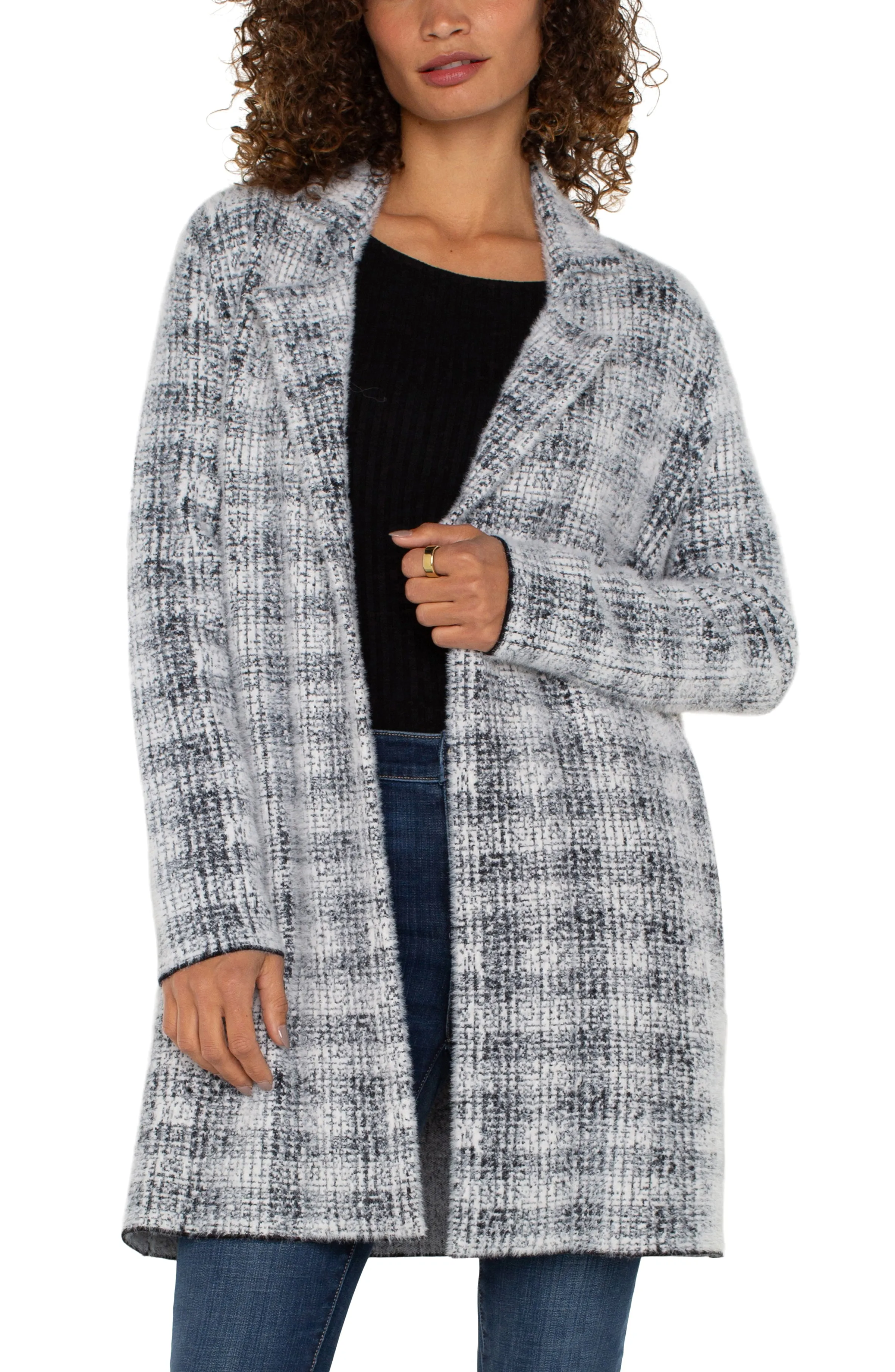 Liverpool Grey White Plaid Open Front Coatigan Sweater