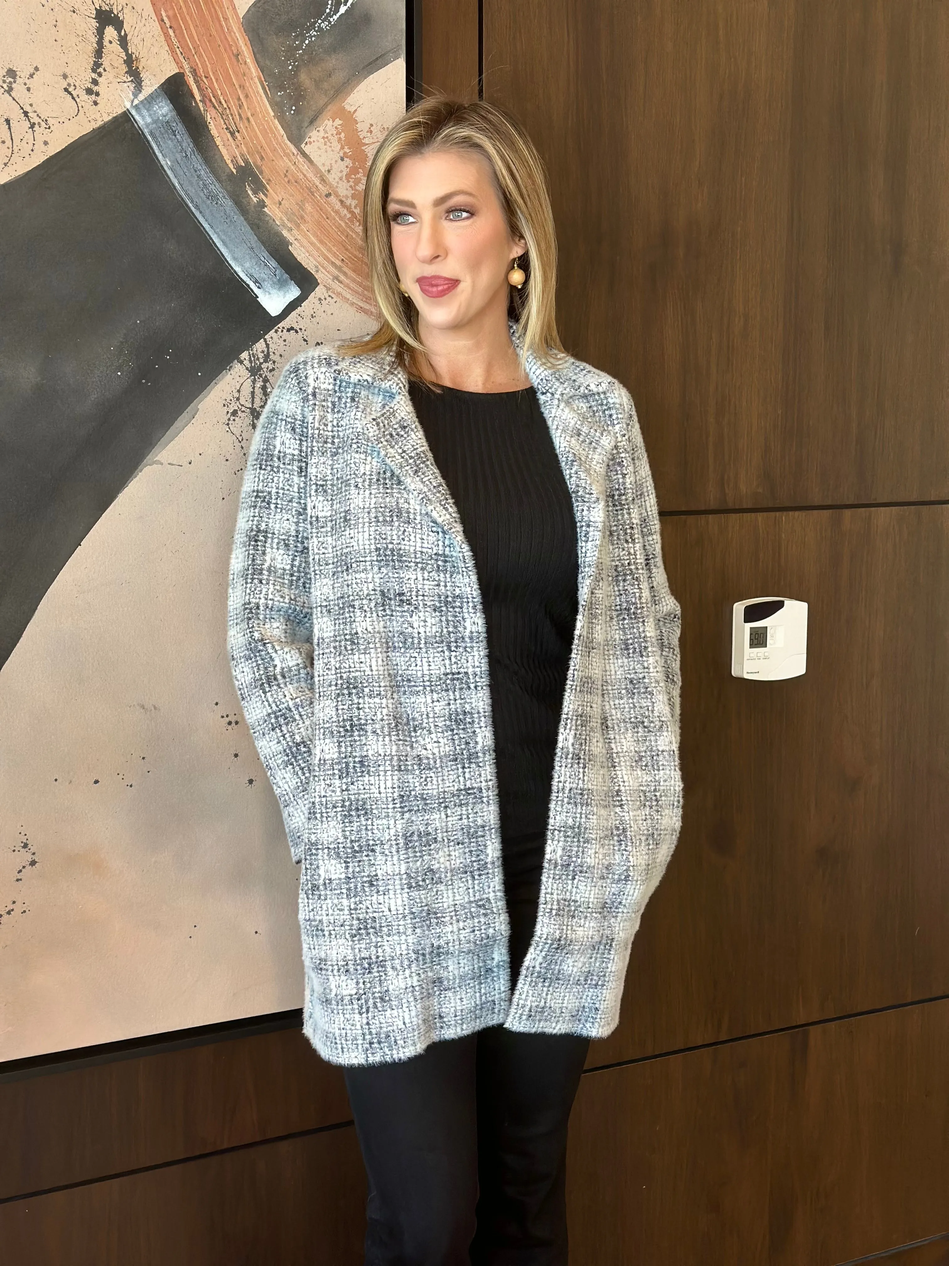 Liverpool Grey White Plaid Open Front Coatigan Sweater