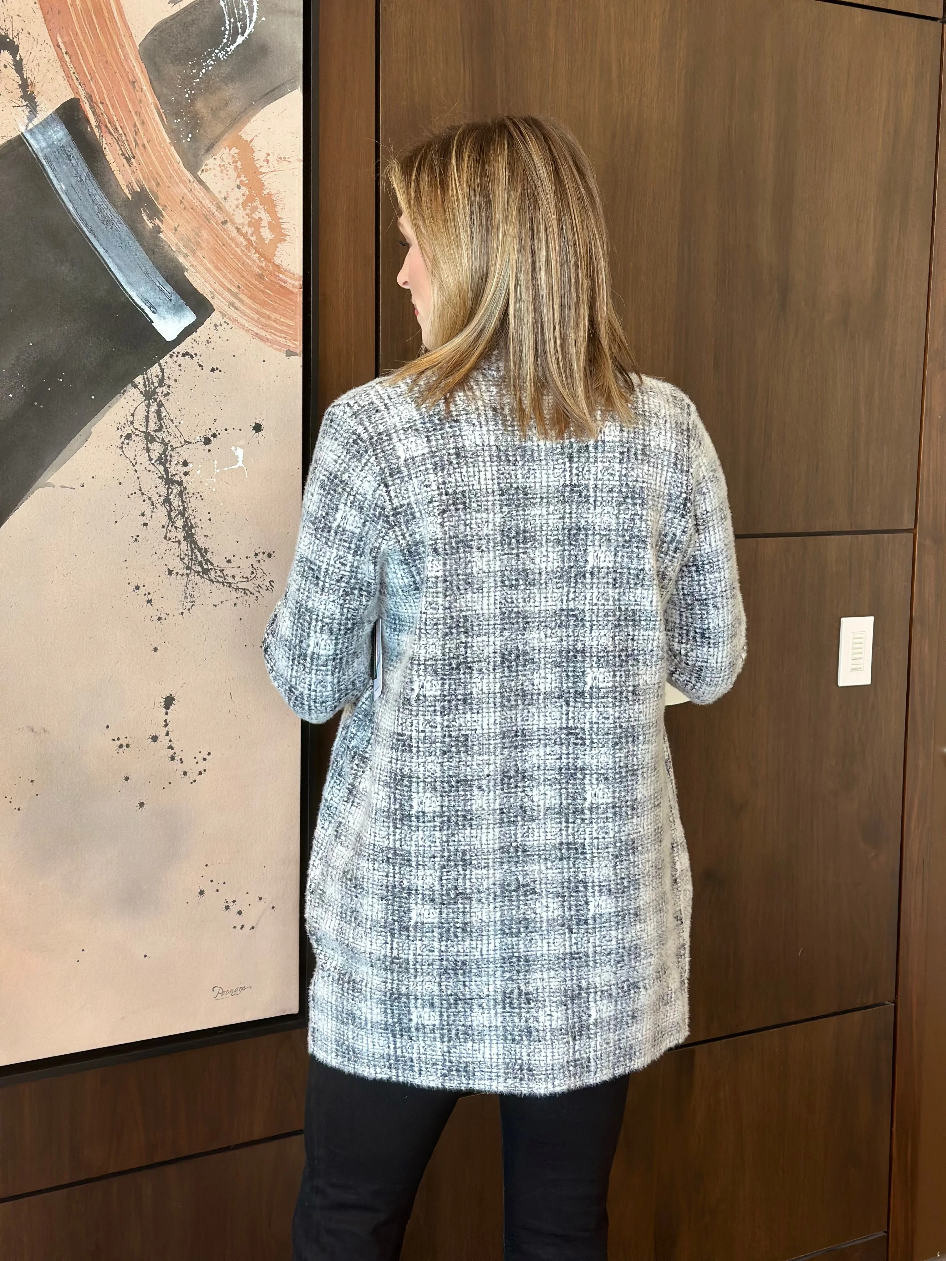 Liverpool Grey White Plaid Open Front Coatigan Sweater