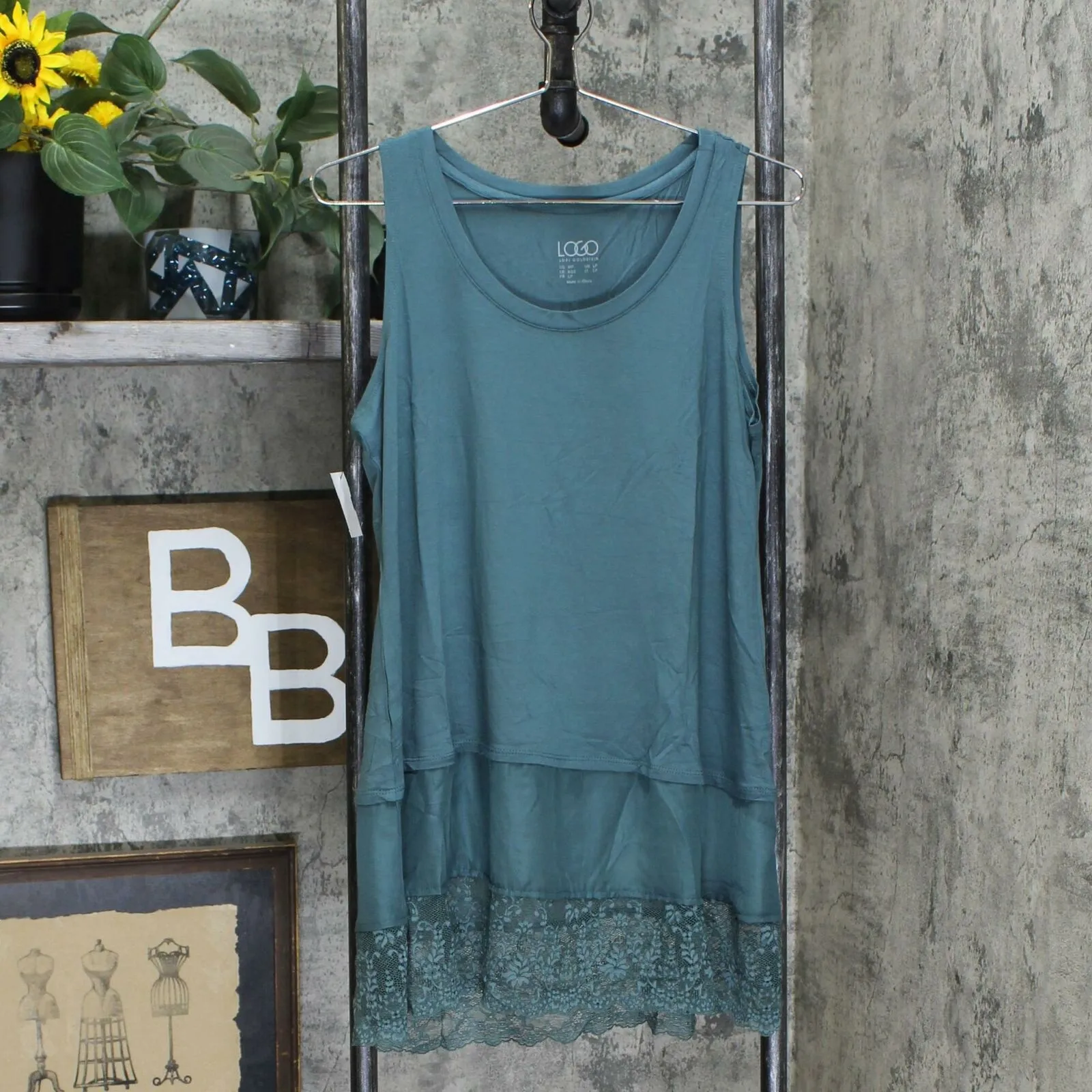 LOGO by Lori Goldstein Petite Satin And Lace Trim Knit Tank Top