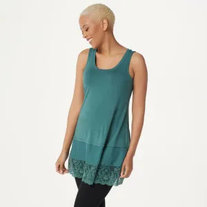 LOGO by Lori Goldstein Petite Satin And Lace Trim Knit Tank Top