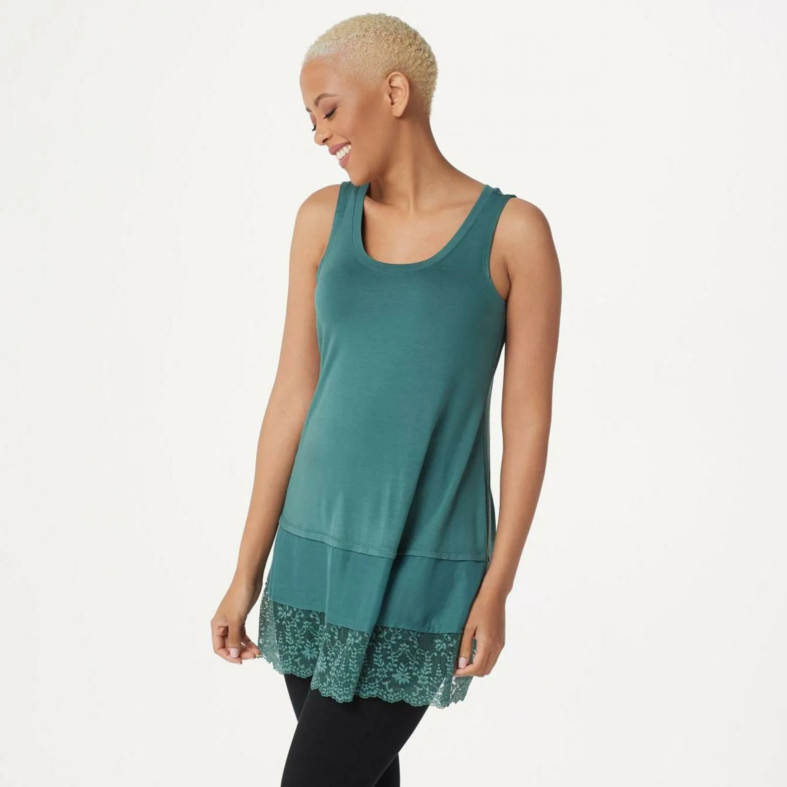 LOGO by Lori Goldstein Petite Satin And Lace Trim Knit Tank Top